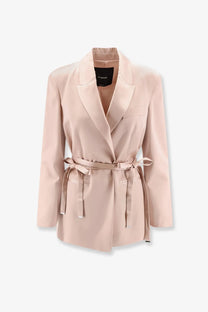 Pinko women’s Rapa satin blazer in blush pink with a belted waist and notched lapels for a sleek look
