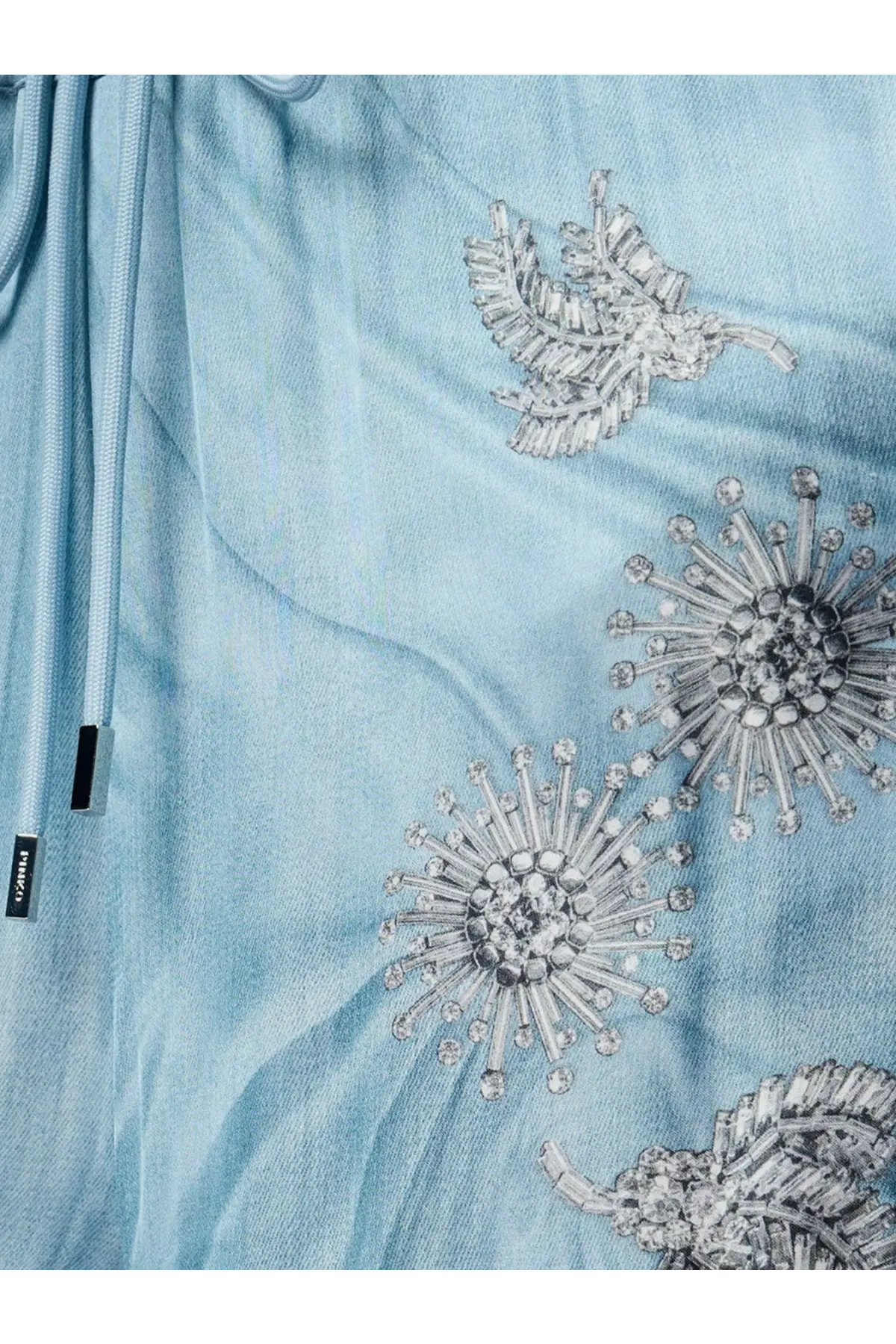 Pinko women’s rikky viscose trousers in light blue denim with silver beaded floral and starburst embroidery