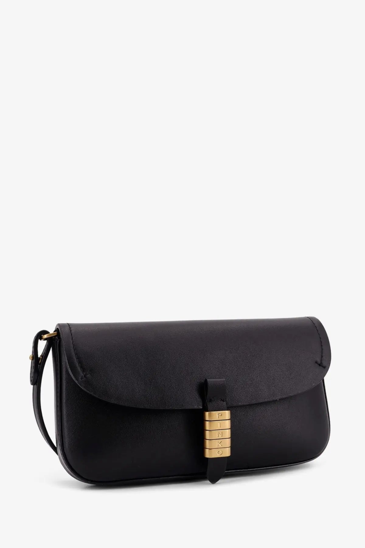 Pinko women’s black leather saddle flat crossbody bag with gold tone Pinko clasp for everyday use