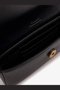 Pinko women’s black leather crossbody bag with gold-tone hardware and embossed logo in saddle flat style