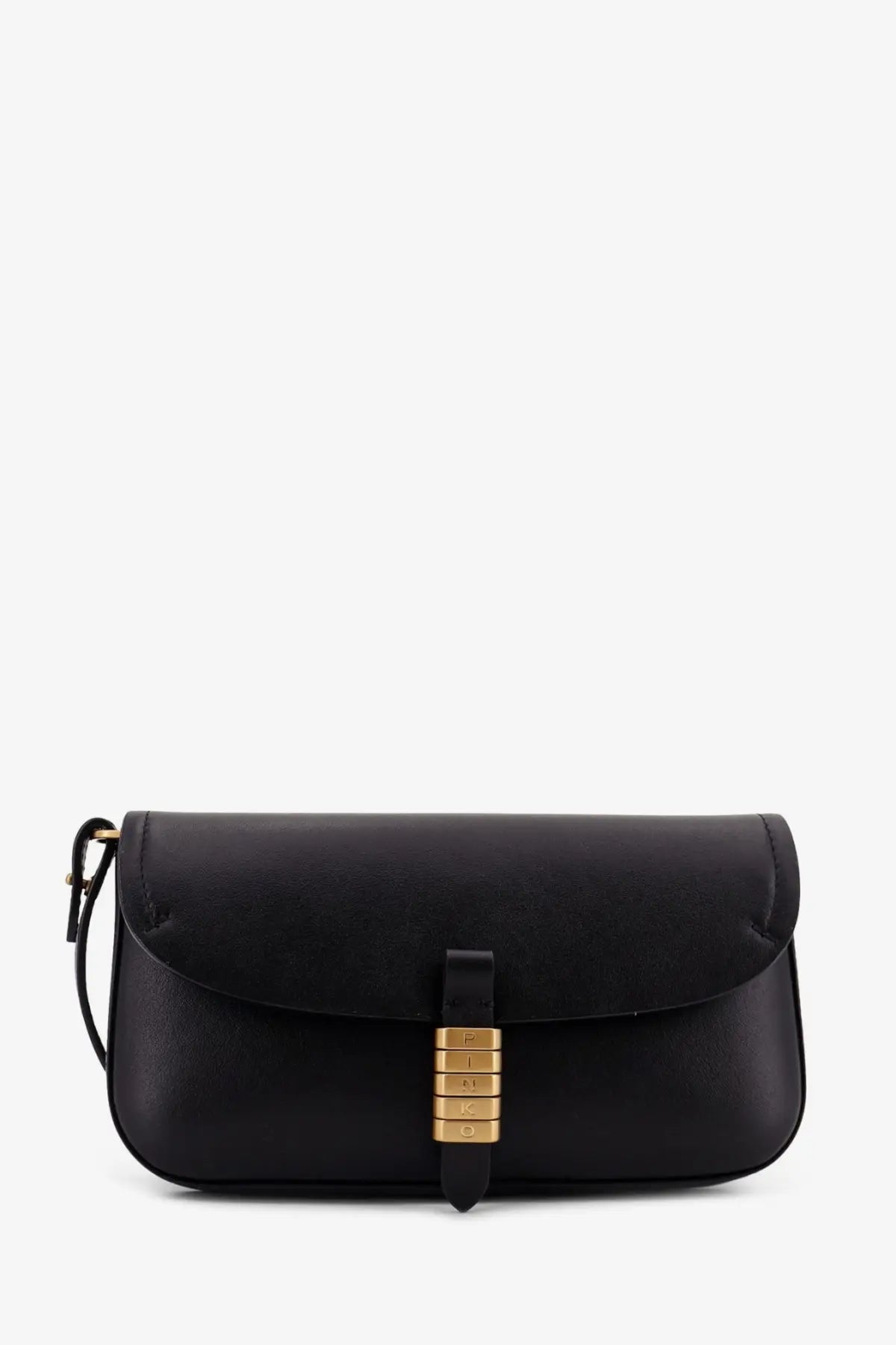Pinko women’s saddle flat black leather crossbody bag with gold-tone metal clasp engraved with Pinko brand name