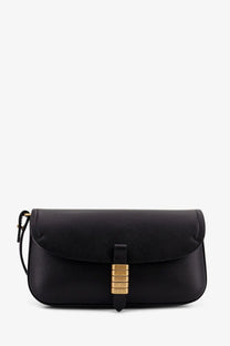 Pinko women’s saddle flat black leather crossbody bag with gold-tone metal clasp engraved with Pinko brand name