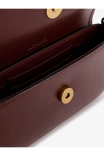 Pinko women’s saddle flat leather crossbody bag in rich burgundy with gold-tone circular clasps and precise stitching