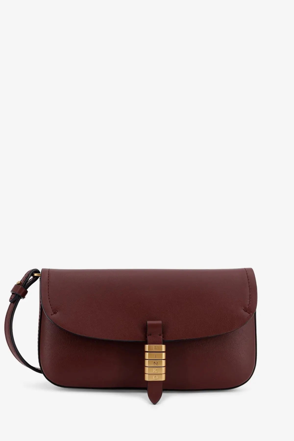Pinko women’s saddle flat leather crossbody bag in burgundy with a gold-tone clasp featuring engraved initials