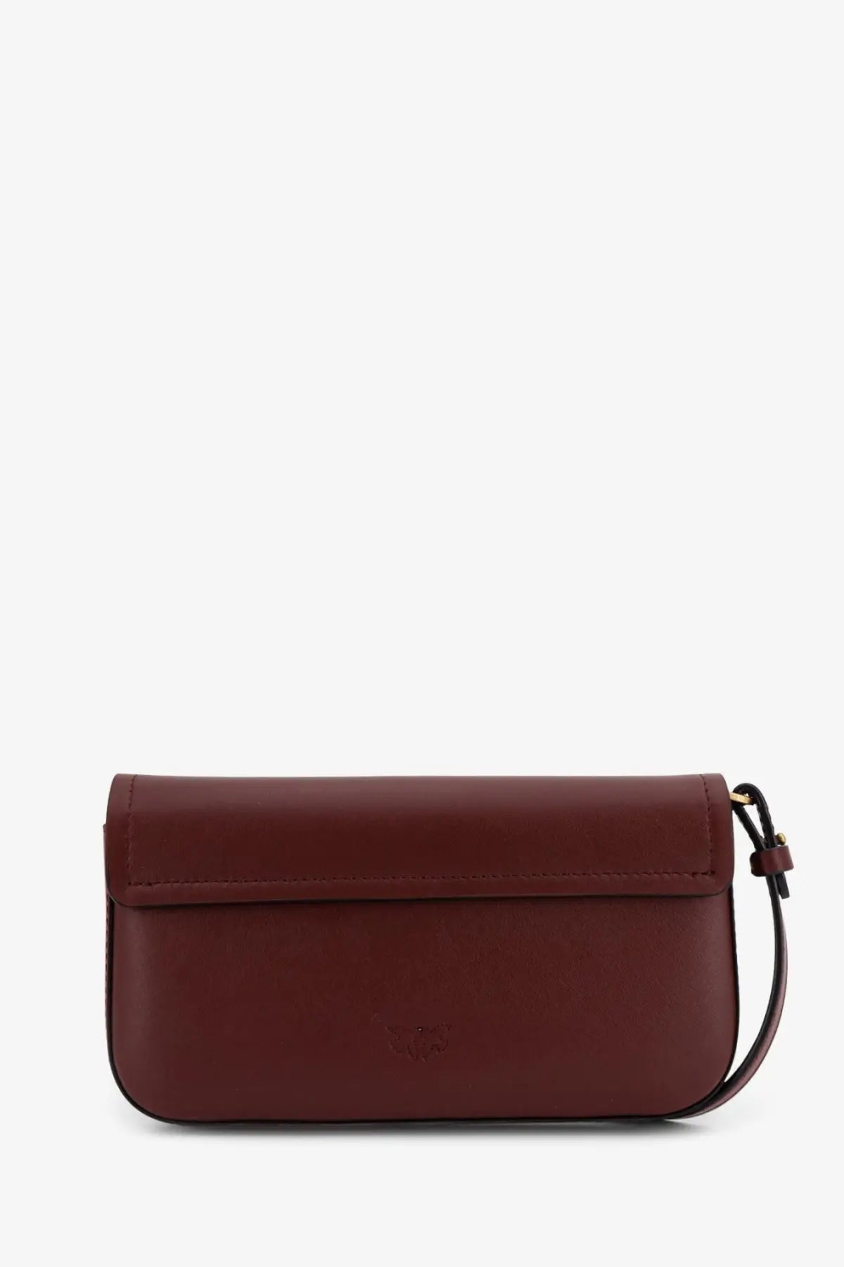 Pinko women’s saddle flat leather crossbody bag in burgundy with minimalist design and gold-tone hardware
