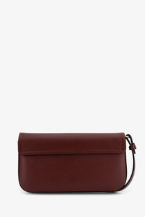Pinko women’s saddle flat leather crossbody bag in burgundy with minimalist design and gold-tone hardware