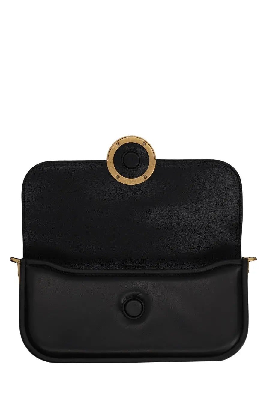Pinko women’s small love bag black black leather crossbody bag with gold tone circular clasp and matching hardware
