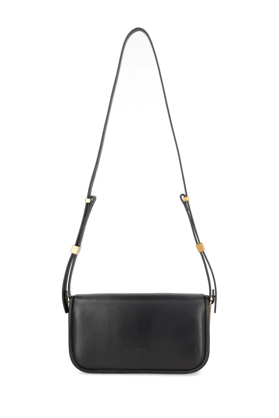 Pinko women’s small love bag black is a black leather crossbody bag with gold-tone hardware accents on the strap