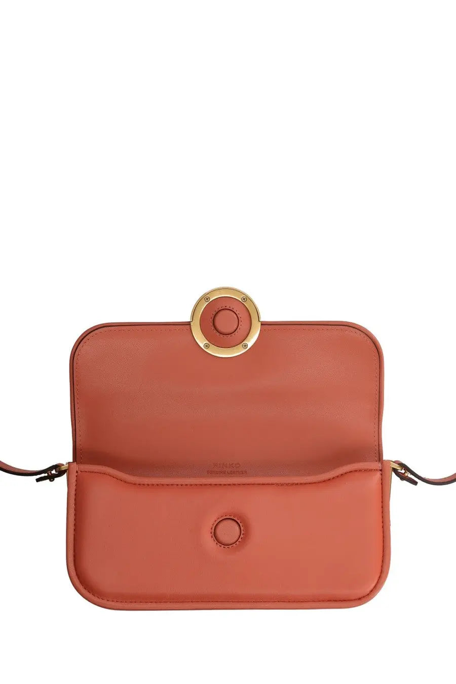Pinko womens small love bag in coral leather crossbody with gold-tone circular clasp and adjustable strap