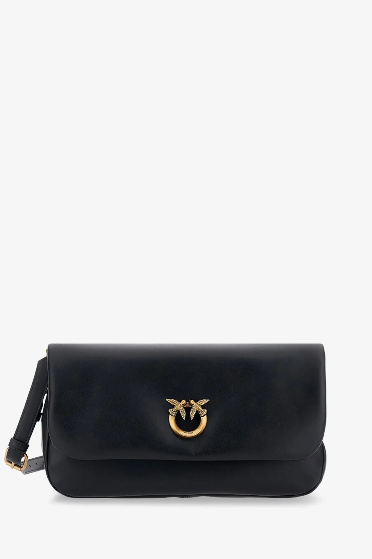 Pinko women’s black soft horizontal leather crossbody bag with gold-tone bird clasp for stylish everyday use