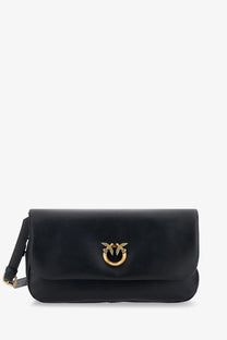 Pinko women’s black soft horizontal leather crossbody bag with gold-tone bird clasp for stylish everyday use