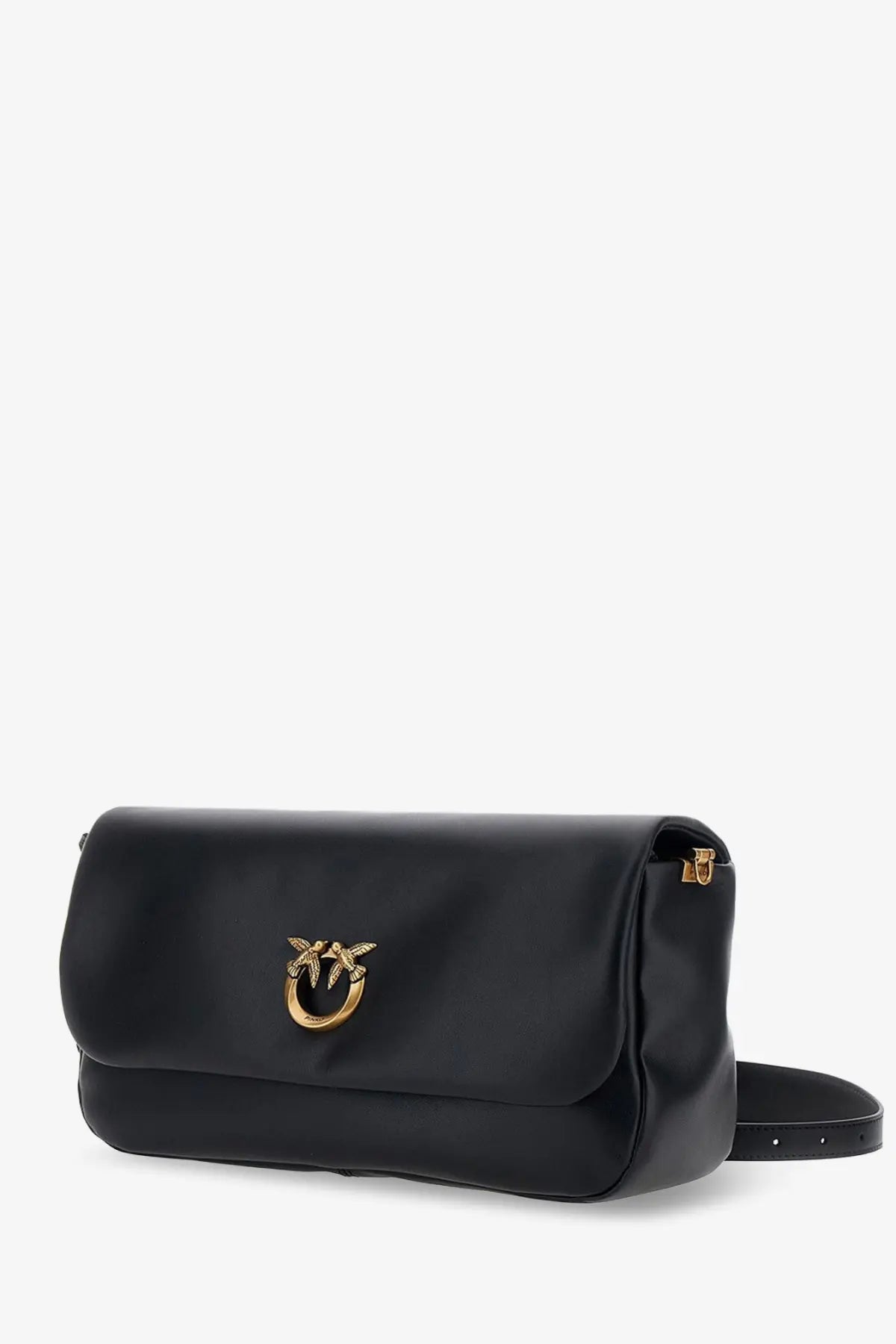 Pinko womens soft horizontal leather crossbody bag in black patent leather with gold bird clasp and adjustable strap