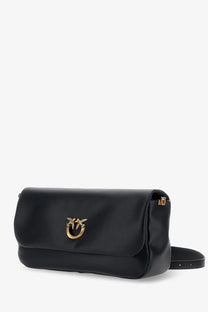 Pinko womens soft horizontal leather crossbody bag in black patent leather with gold bird clasp and adjustable strap