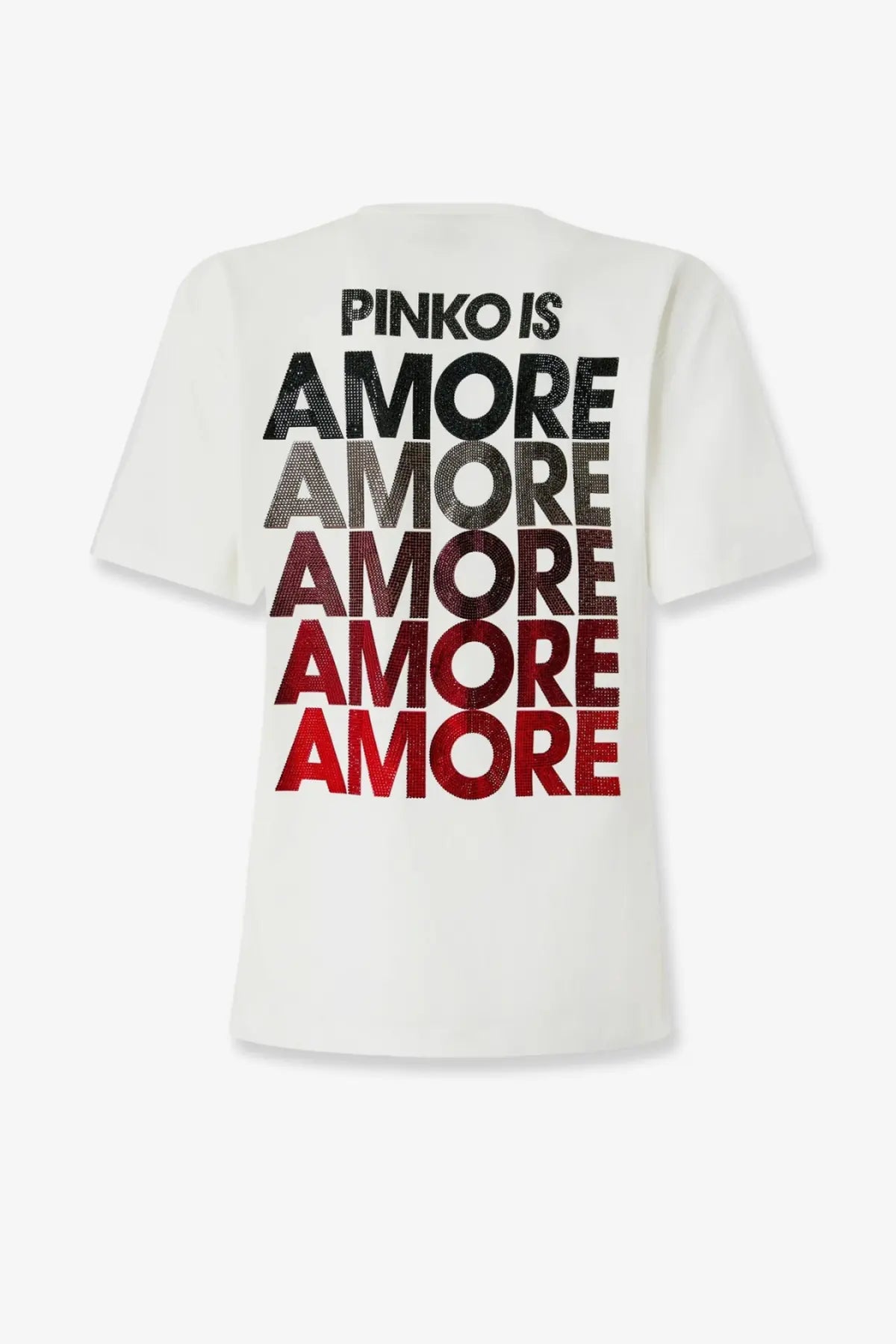 Pinko women’s strepitoso white cotton t-shirt with bold pinko is amore gradient graphic print in black to red