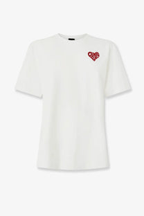 Pinko women’s strepitoso white cotton t-shirt with a red embroidered heart and love stitched inside