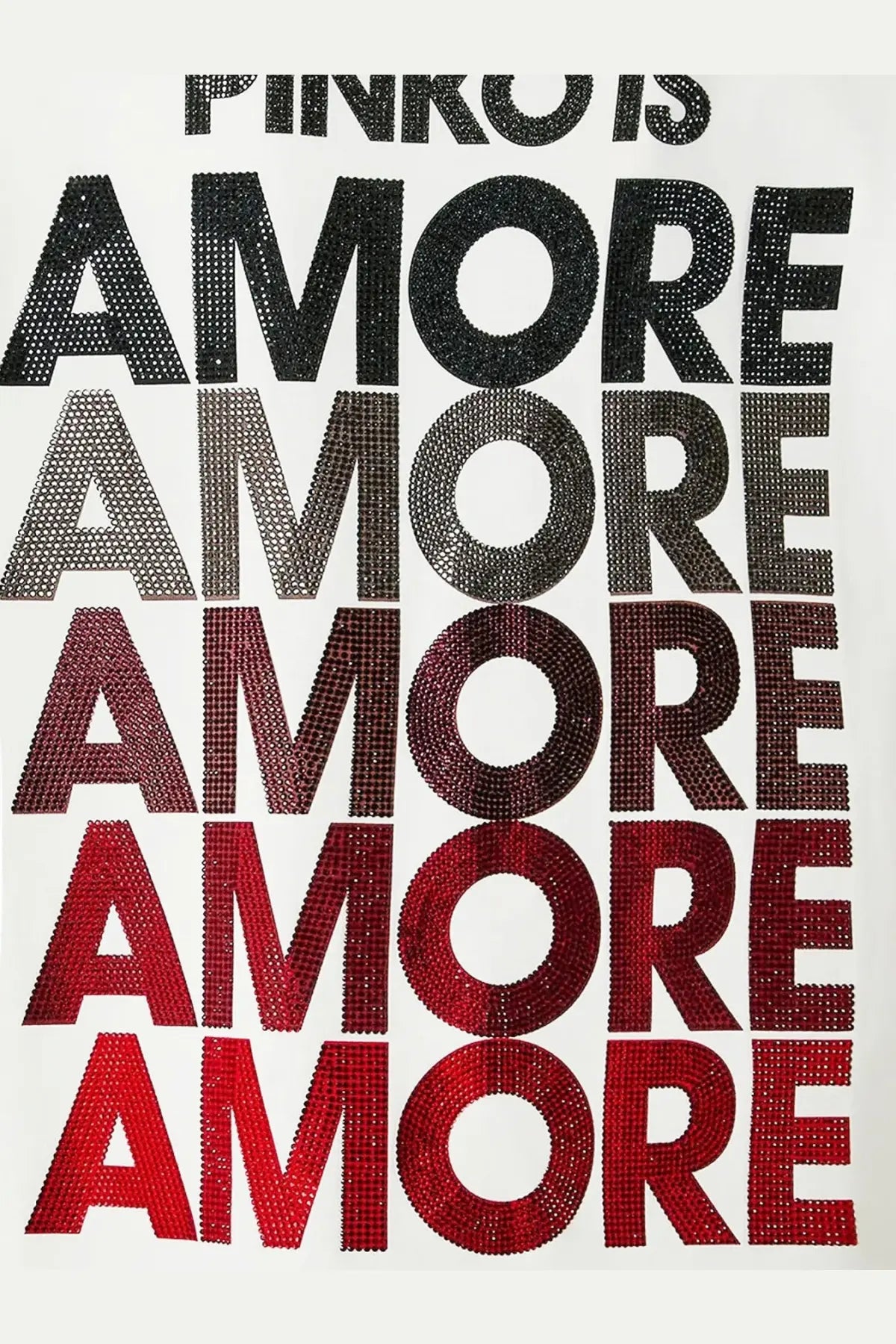 Pinko women’s strepitoso white cotton t-shirt with amore in black to red gradient rhinestone lettering