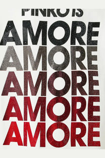 Pinko women’s strepitoso white cotton t-shirt with amore in black to red gradient rhinestone lettering