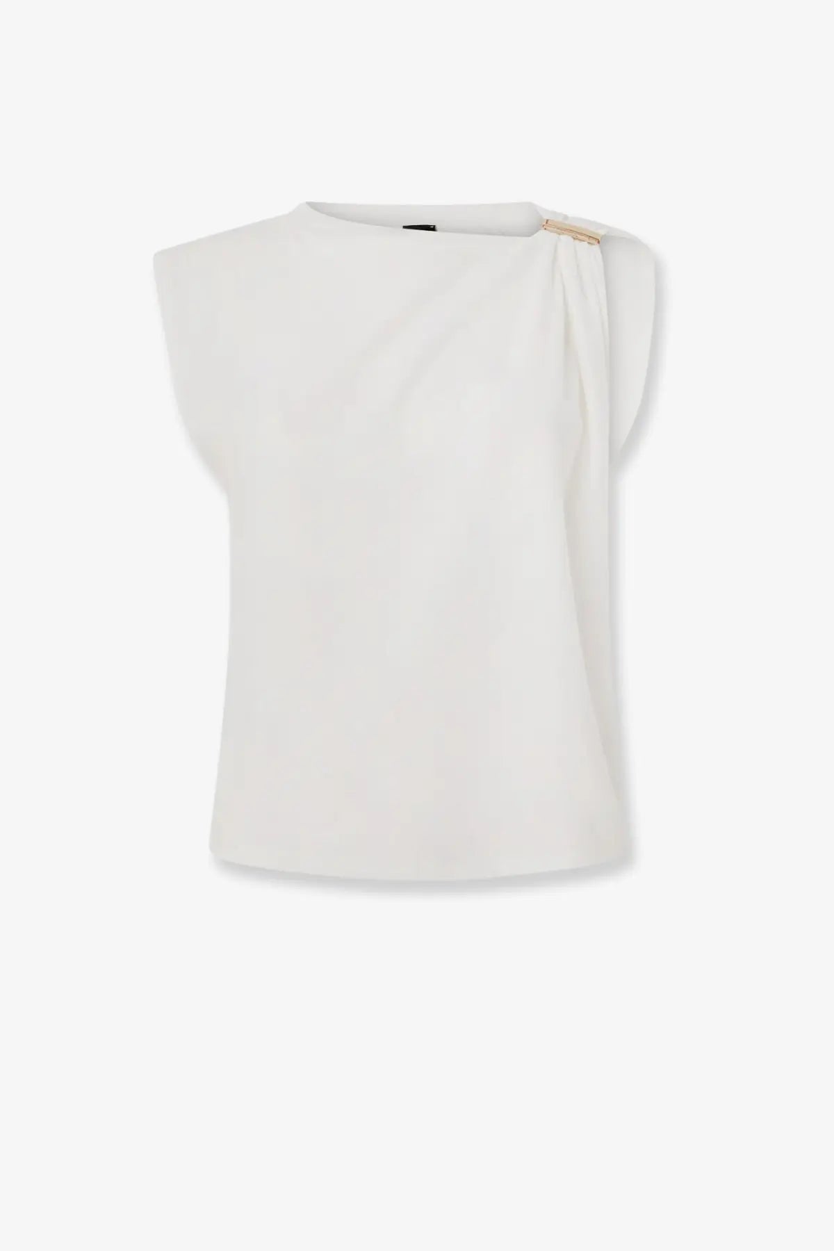 White sleeveless pinko women’s stretch cotton melody top with draped asymmetrical design and gold-tone shoulder hardware