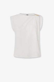 White sleeveless pinko women’s stretch cotton melody top with draped asymmetrical design and gold-tone shoulder hardware