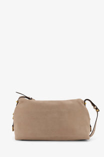 Beige suede crossbody bag by pinko featuring gold-tone hardware and a minimalist design for women