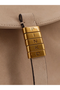 Gold-tone metal clasp engraved pinko attached to beige suede strap of pinko women’s suede crossbody bag