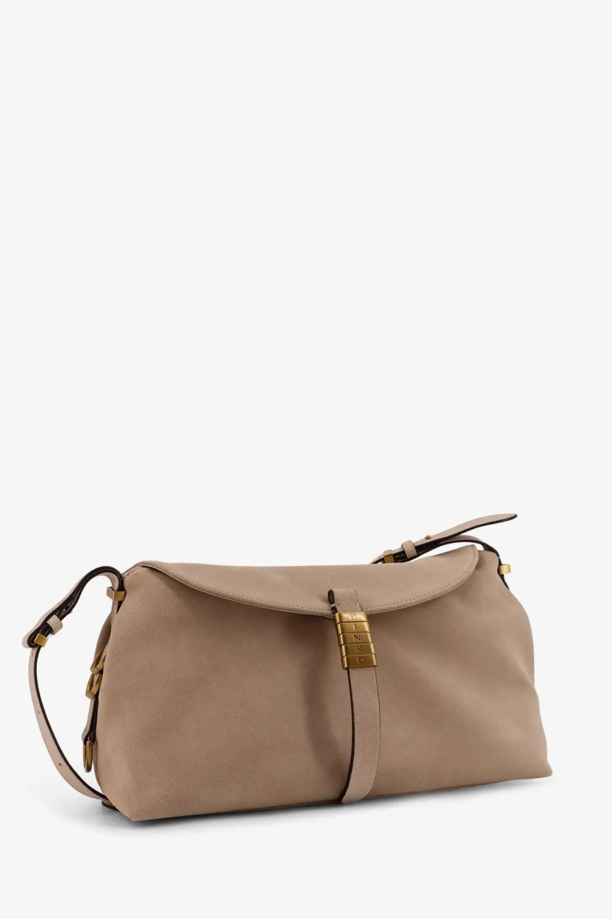 Pinko women’s beige leather crossbody bag with gold-tone hardware and flap closure for everyday use
