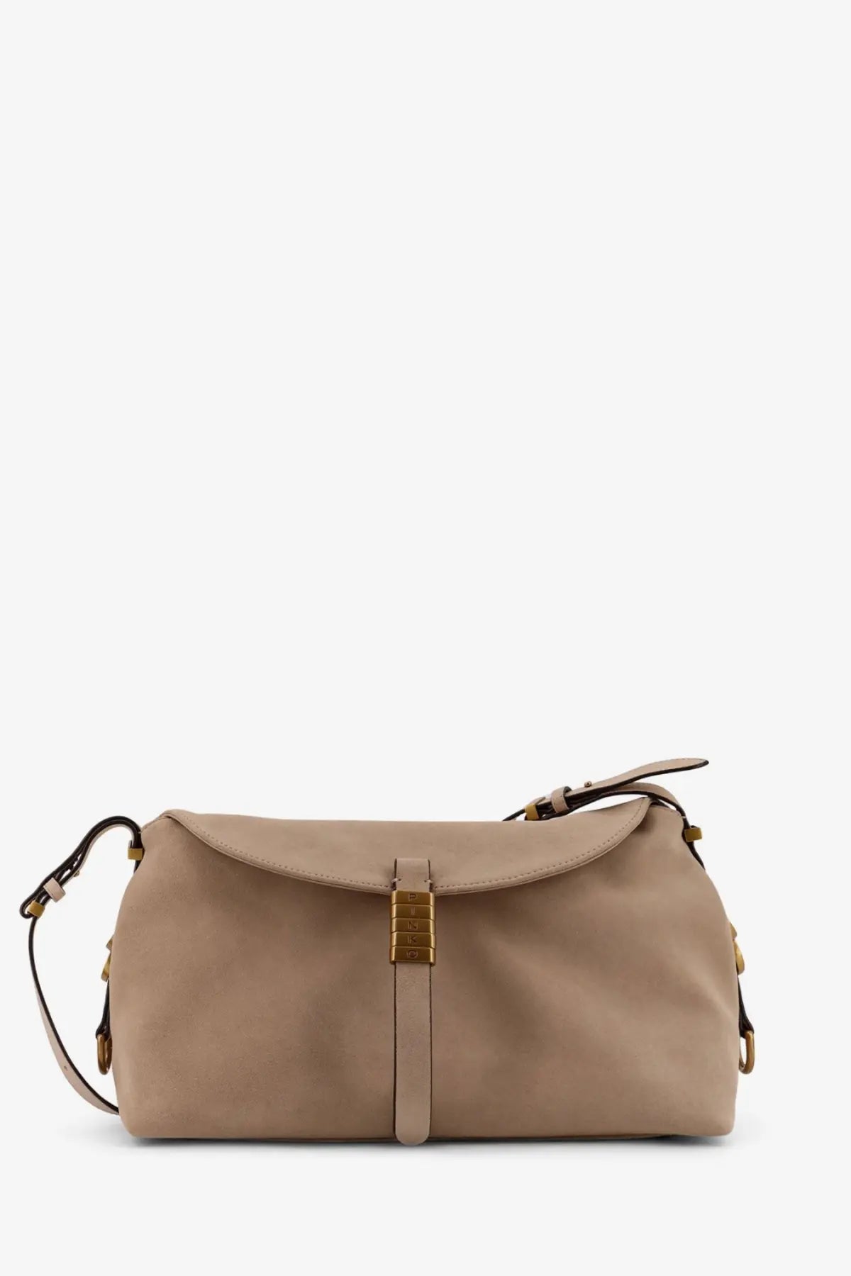 Pinko women’s beige leather crossbody bag with gold-tone hardware and flap closure for stylish carrying