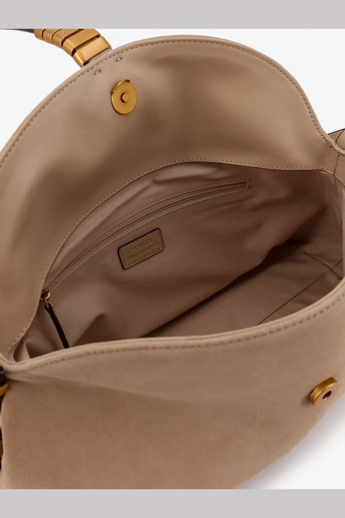 Beige Pinko women’s suede crossbody bag with gold-tone hardware and structured leather interior