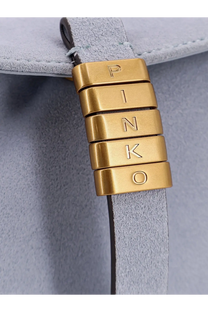 Gold-tone metal clasp engraved pinko attached to light gray suede strap on pinko womens suede shoulder bag blue