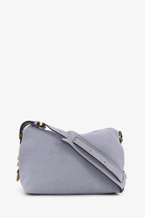 Light gray suede crossbody bag with black leather strap and gold-tone hardware by Pinko womens shoulder bag blue