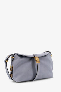 Pinko women’s suede shoulder bag in light gray with gold-tone hardware and black leather crossbody straps