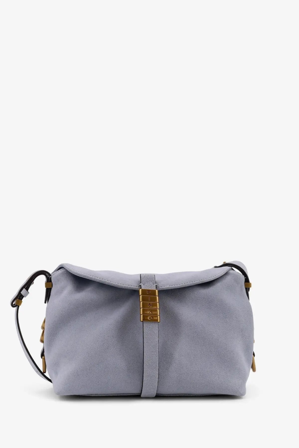 Pinko women’s suede shoulder bag blue with soft lavender leather crossbody design and gold-tone clasp and hardware accents