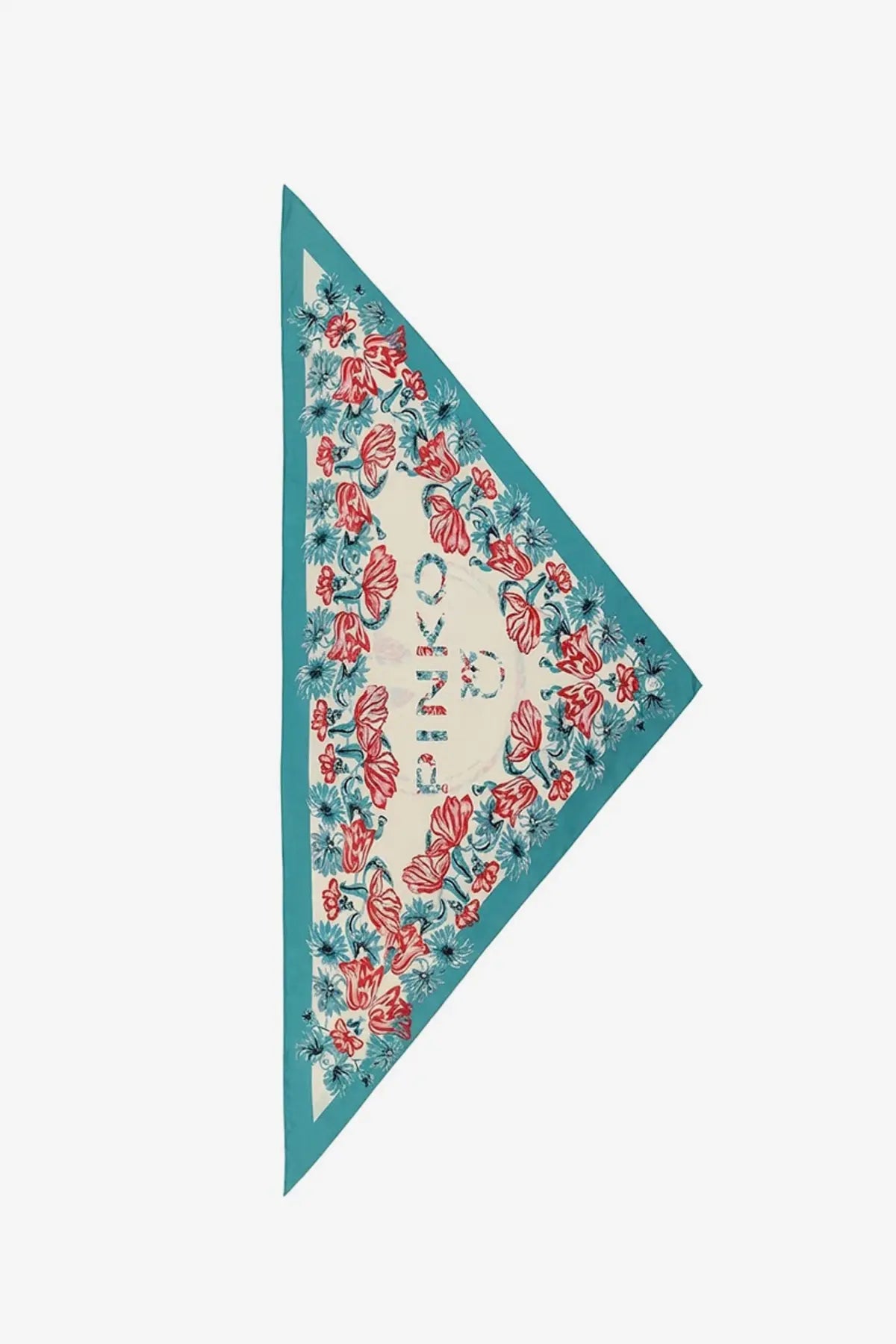 Pinko women’s swing triangle foulard white cream silk scarf with vibrant coral teal floral pattern and kenzo embroidery