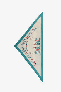 Pinko women’s swing triangle foulard silk scarf with cream base teal border and embroidered floral moonink design