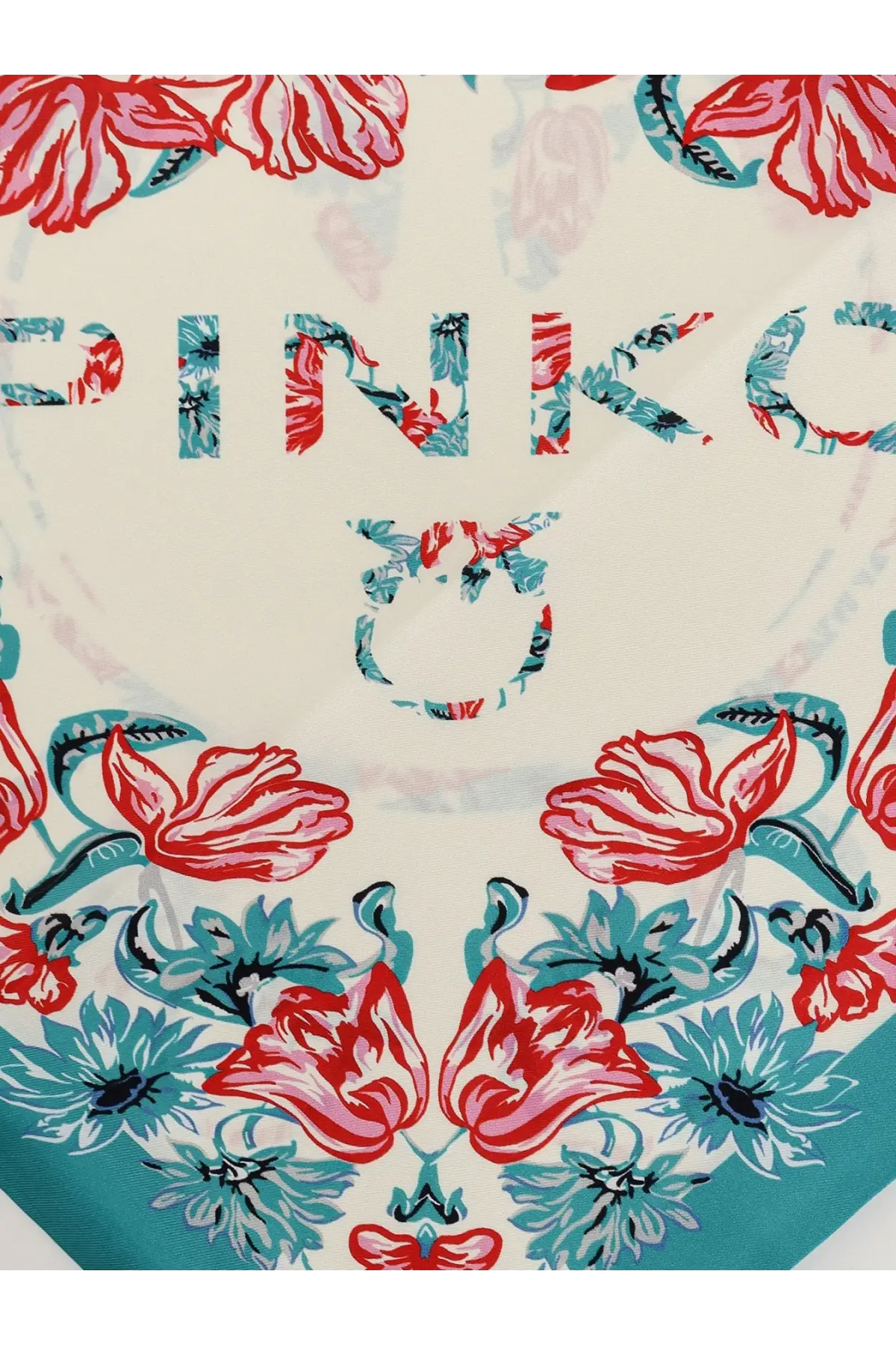 Pinko women’s swing triangle foulard white silk scarf with vibrant pink and teal floral pattern and matching logo design