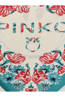 Pinko women’s swing triangle foulard white silk scarf with vibrant pink and teal floral pattern and matching logo design