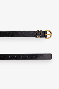 Black textured leather Pinko women’s Tamboril belt with gold-tone buckle featuring Pinko logo