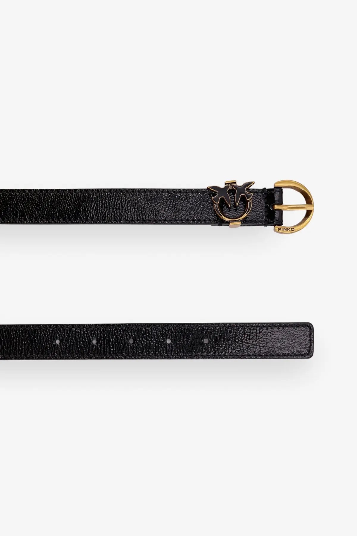 Pinko women’s tamboril black leather belt with textured finish and gold-tone buckle featuring the Pinko logo