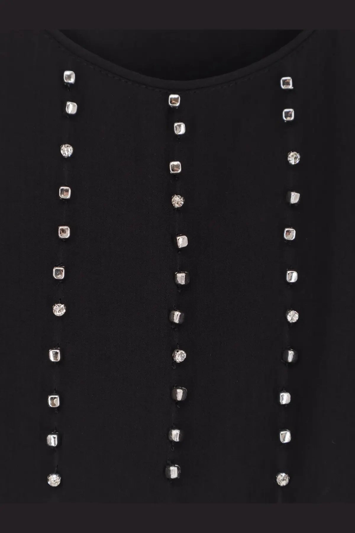 Pinko women’s Tessa viscose black top with vertical rows of silver square and round rhinestones