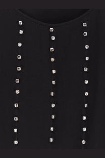 Pinko women’s Tessa viscose black top with vertical rows of silver square and round rhinestones