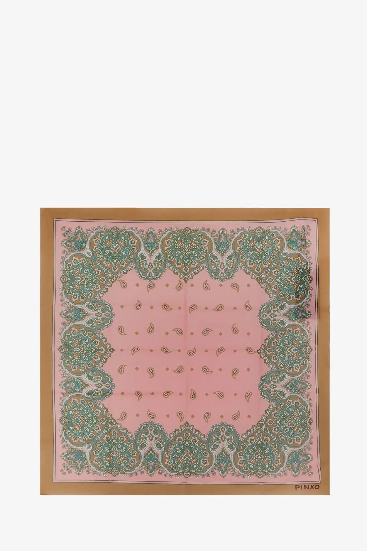 Pinko women’s valzer cotton foulard pink square scarf with intricate green and gold paisley border design