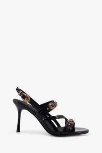 Pinko women’s vanda black patent leather sandals with gold-tone buckle accents and a slender high heel