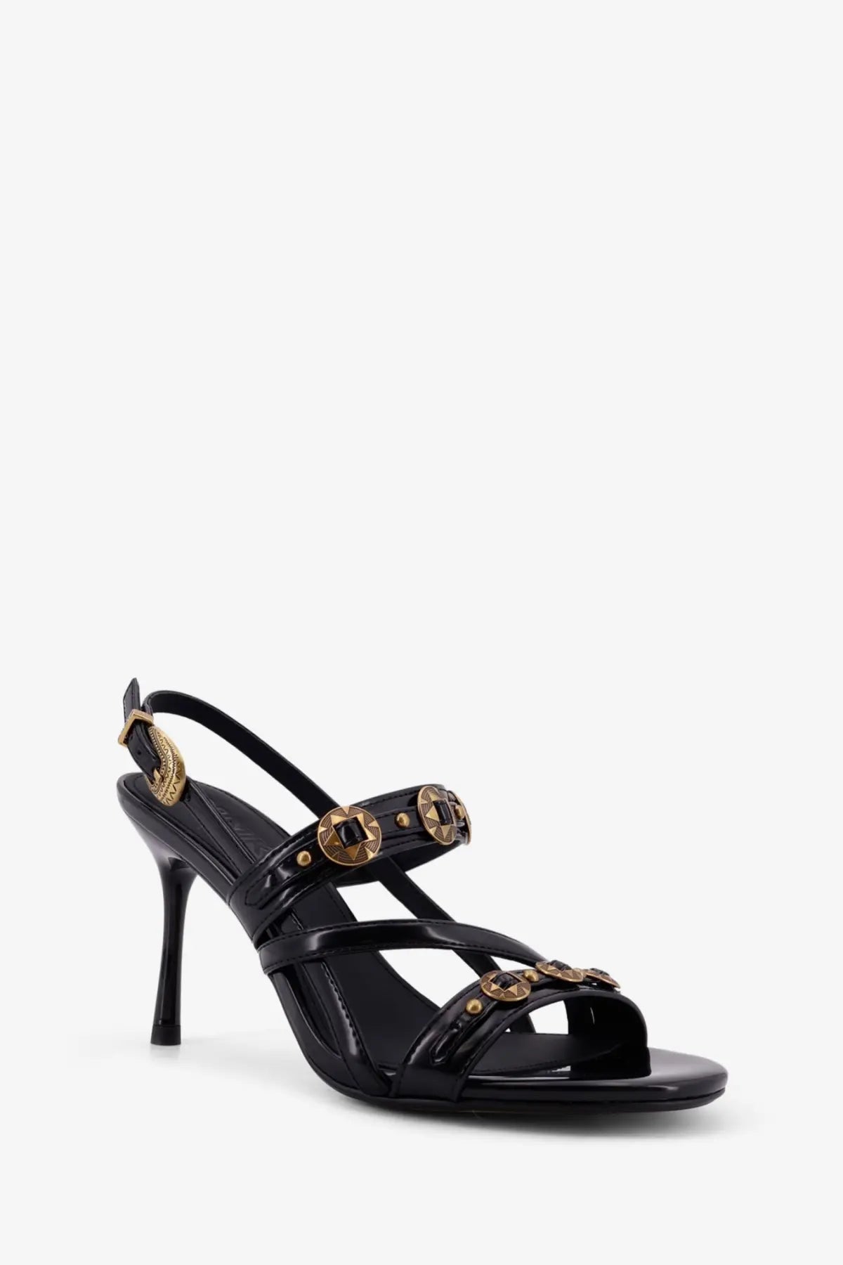 Pinko women’s vanda leather black sandal with gold-tone circular buckles and slender high heel