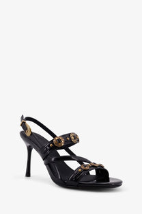 Pinko women’s vanda leather black sandal with gold-tone circular buckles and slender high heel