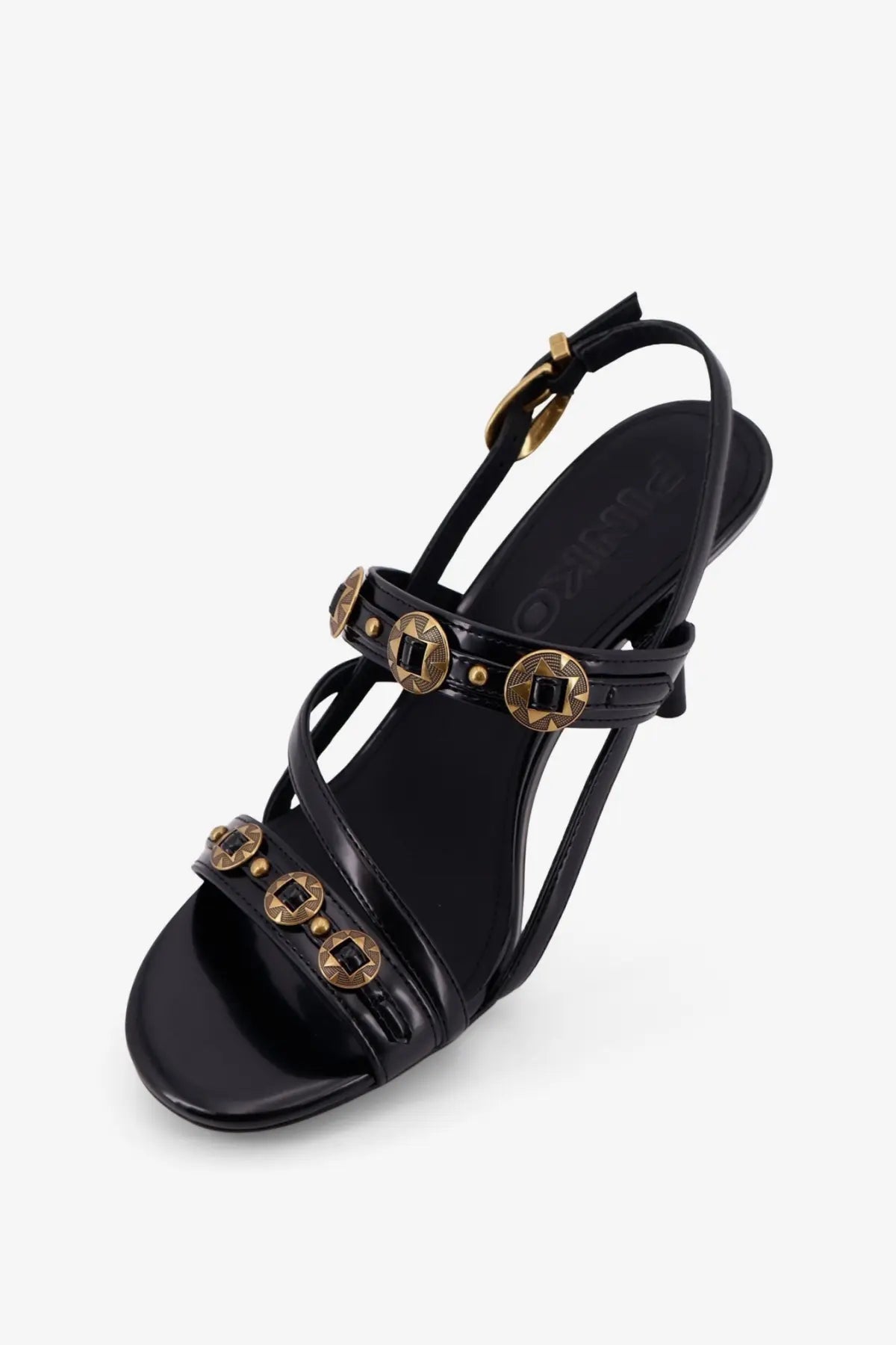 Pinko women’s Vanda black leather sandal with gold coin embellishments and slender ankle strap