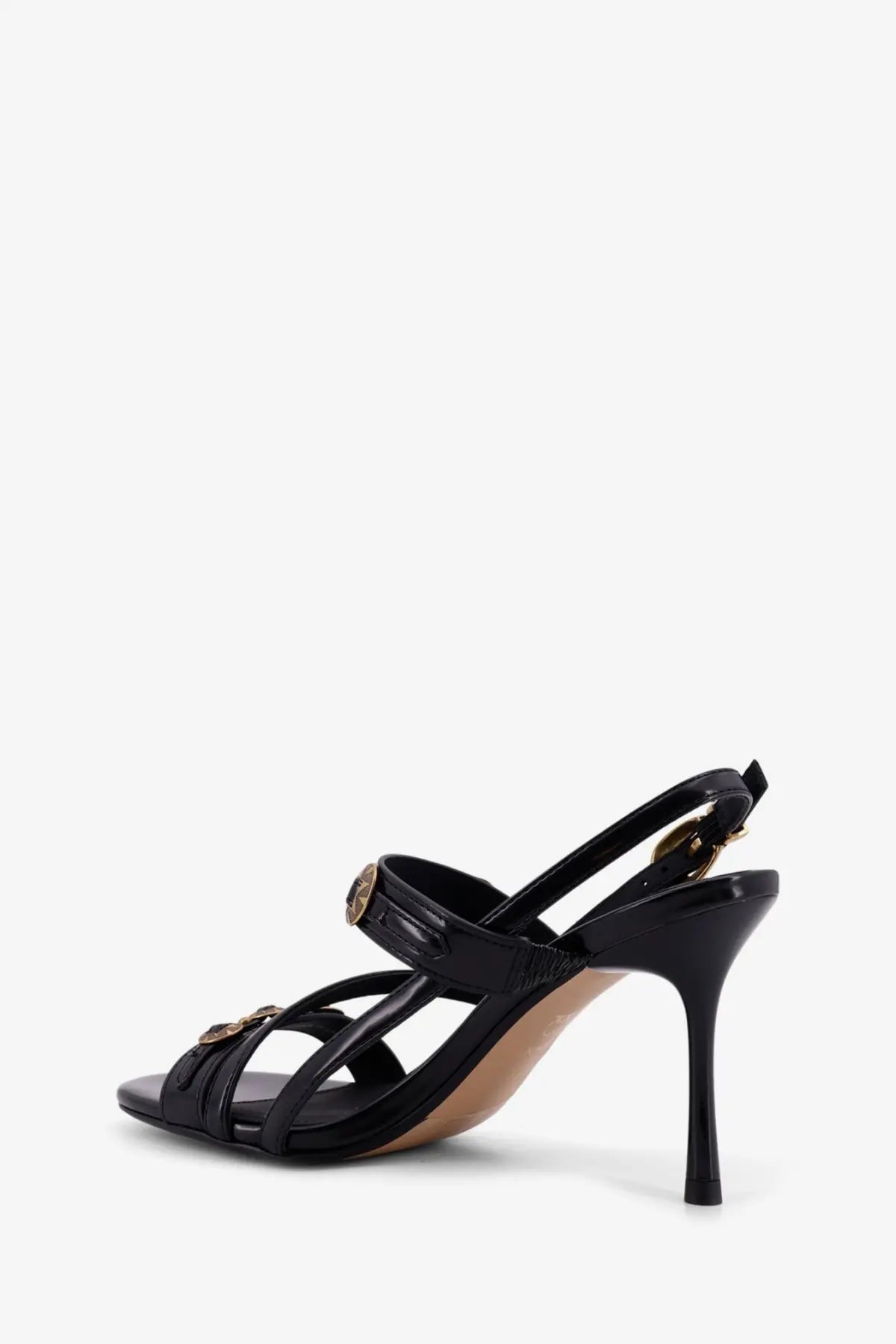 Pinko women’s vanda black patent leather sandals with strappy design gold-tone hardware and slender high heel