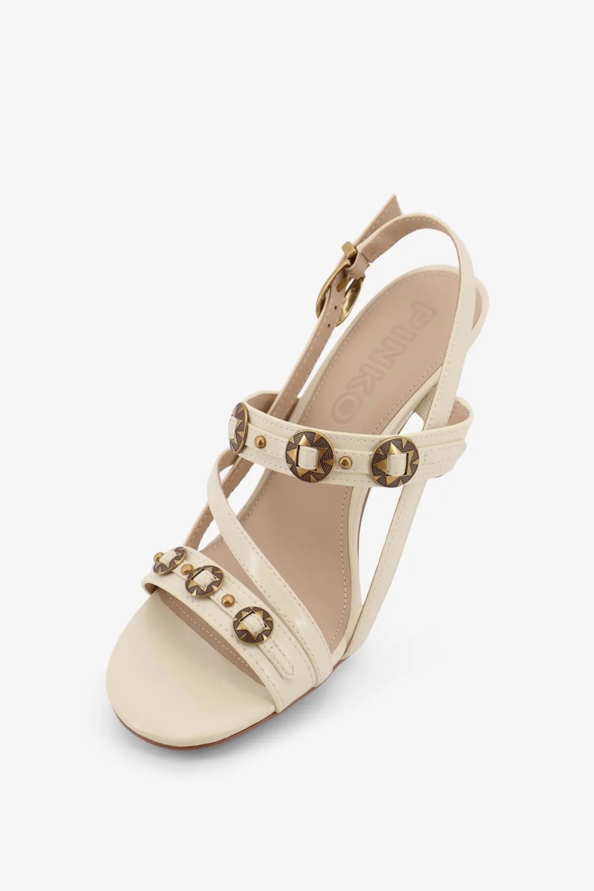 Pinko women’s vanda leather sandals white with cream-colored straps gold-toned circular studs and slender heel