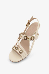 Pinko women’s vanda leather sandals white with cream-colored straps gold-toned circular studs and slender heel