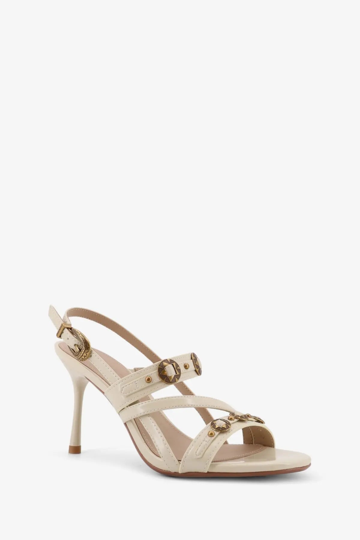 Pinko women’s vanda white leather strappy sandal with cream color gold circular buckles and slender high heel