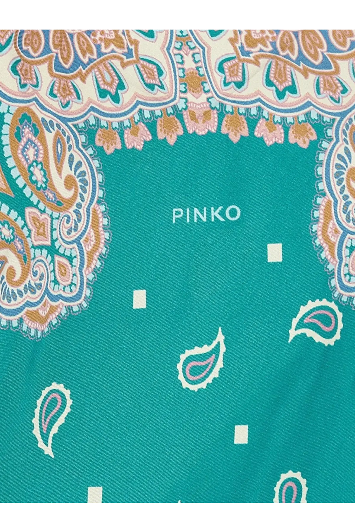 Teal bandana with intricate paisley and floral patterns complements pinko women’s viscose silk blend synchro top gold